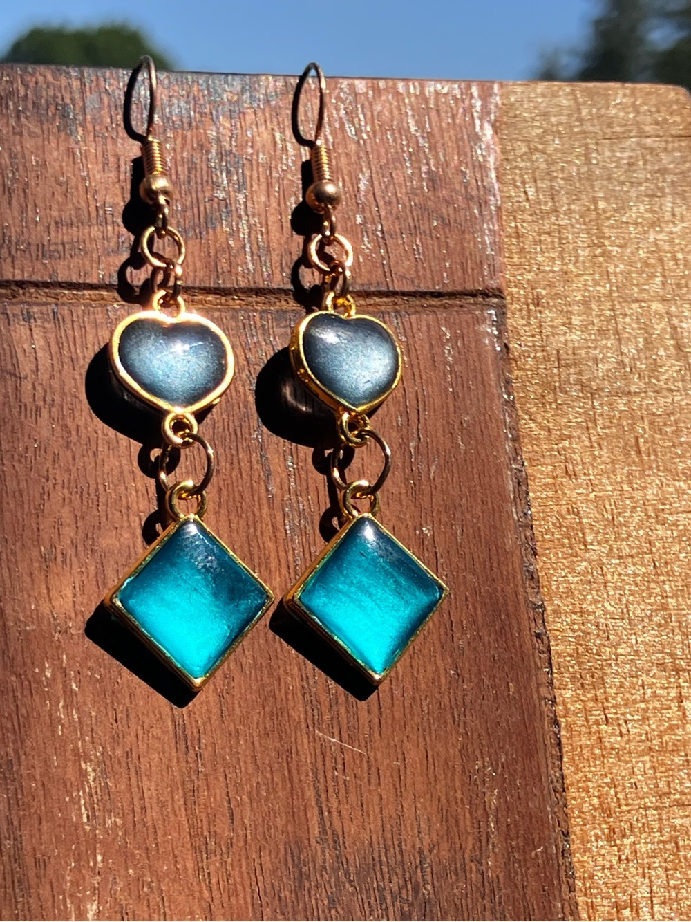 Teal and Silver heart dangle earrings with gold accent - Picture 5 of 8